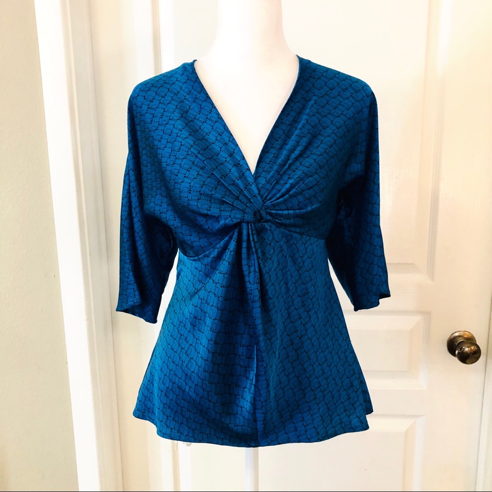 Ann Taylor blue satin crossed front blouse